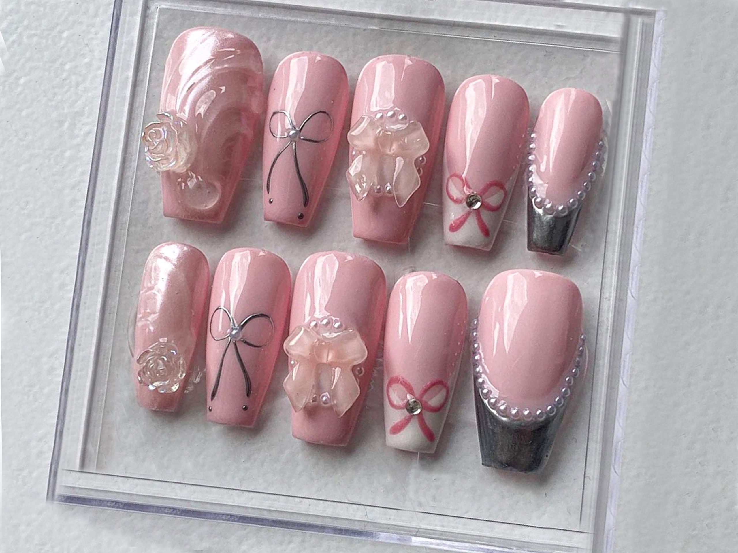 Pale Pink Press On Nails with Shimmering Pearl